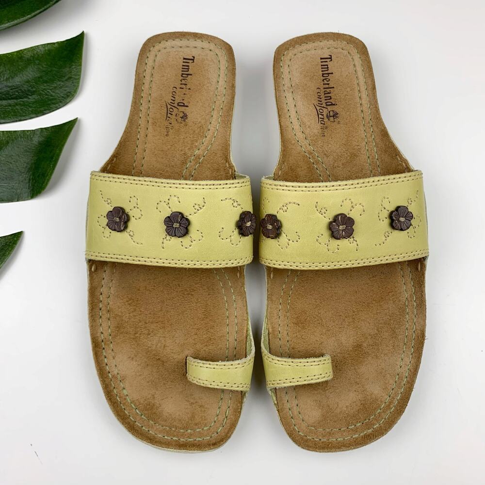 Timberland Comforia System Sandals Green Leather Toe Loop Slip On Women's 9